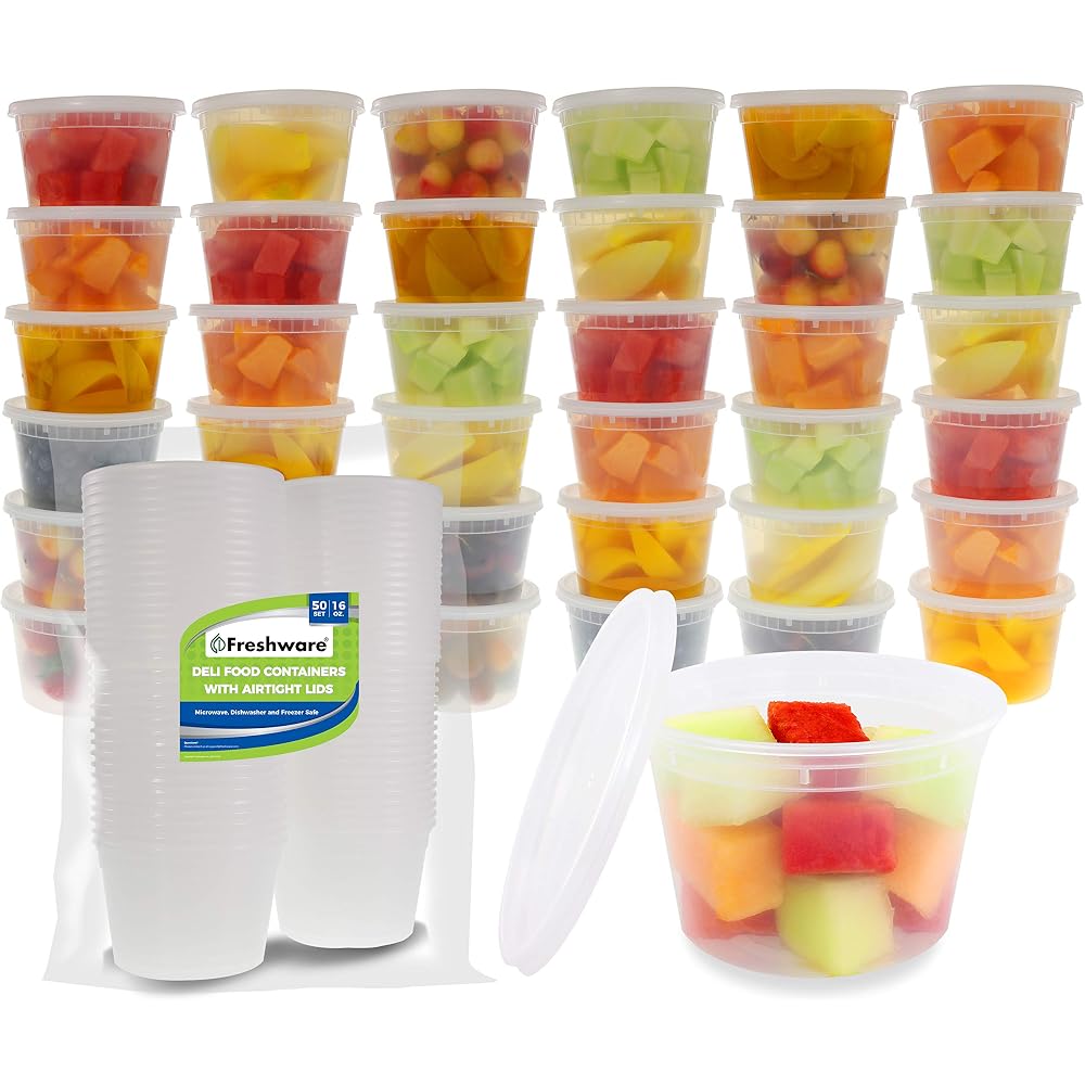 Freshware 50-Set 16 oz Plastic Deli Containers with Lids